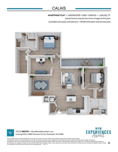 Floor plan for 2 beds, 2 baths, 1645 sqft